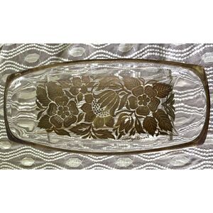 VTG Georges Briard Glass Gold Floral MCM Serving Tray Barware Dish Grannycore